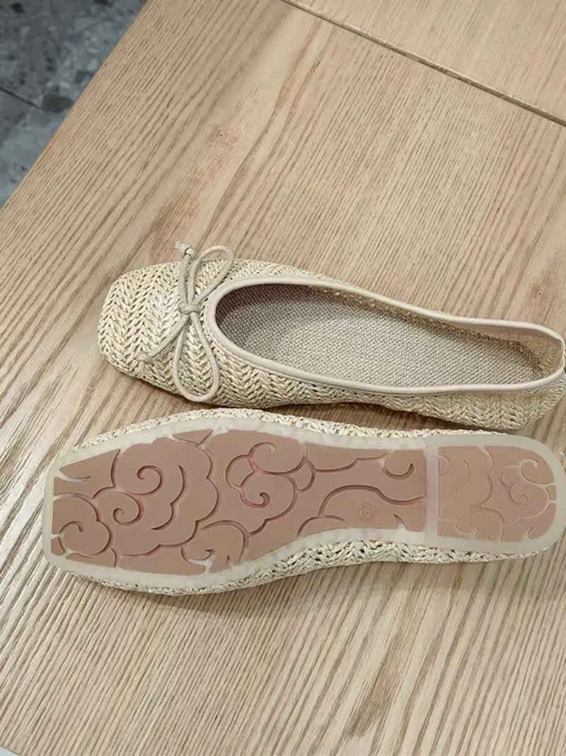 JazzHer Comfy Straw Bow Ballet Flat