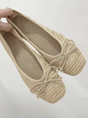 JazzHer Comfy Straw Bow Ballet Flat