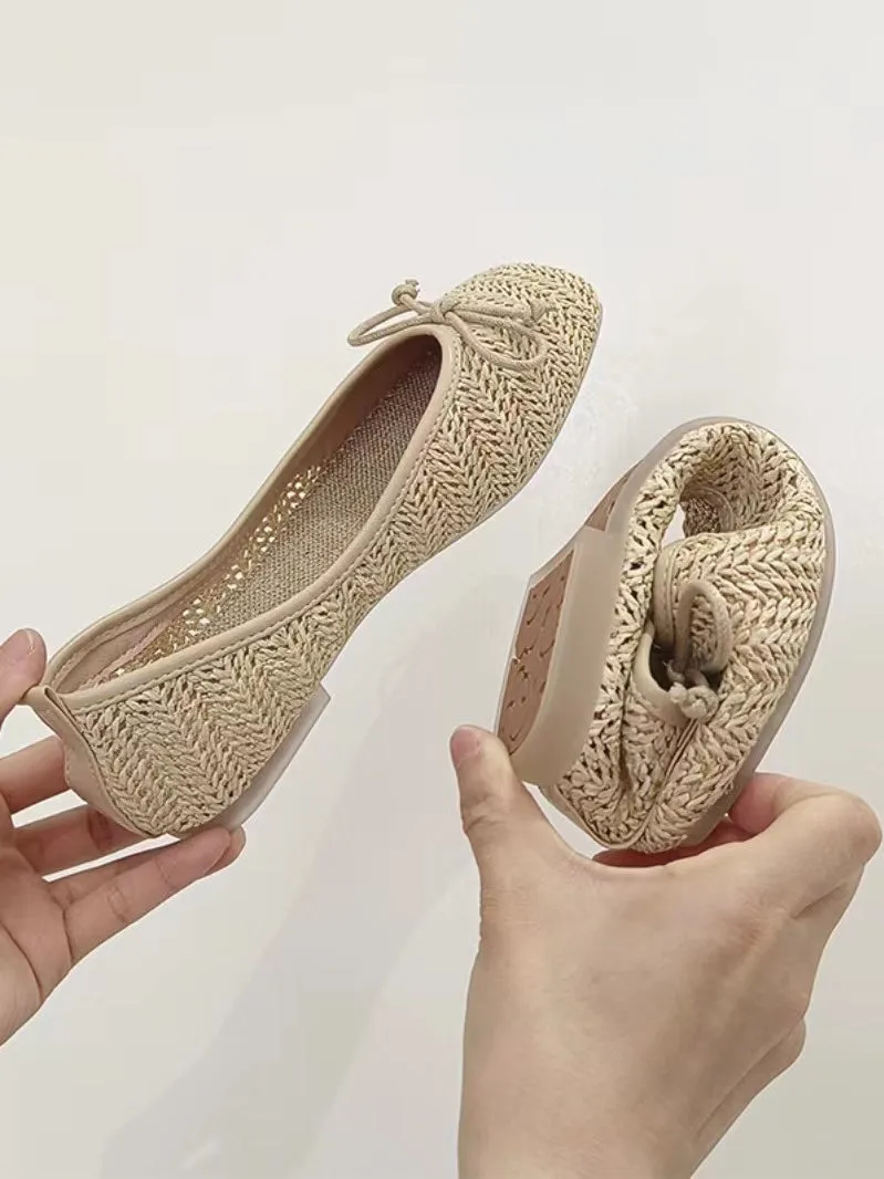 JazzHer Comfy Straw Bow Ballet Flat
