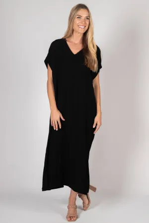 Linen V Neck Maxi Dress- Black
