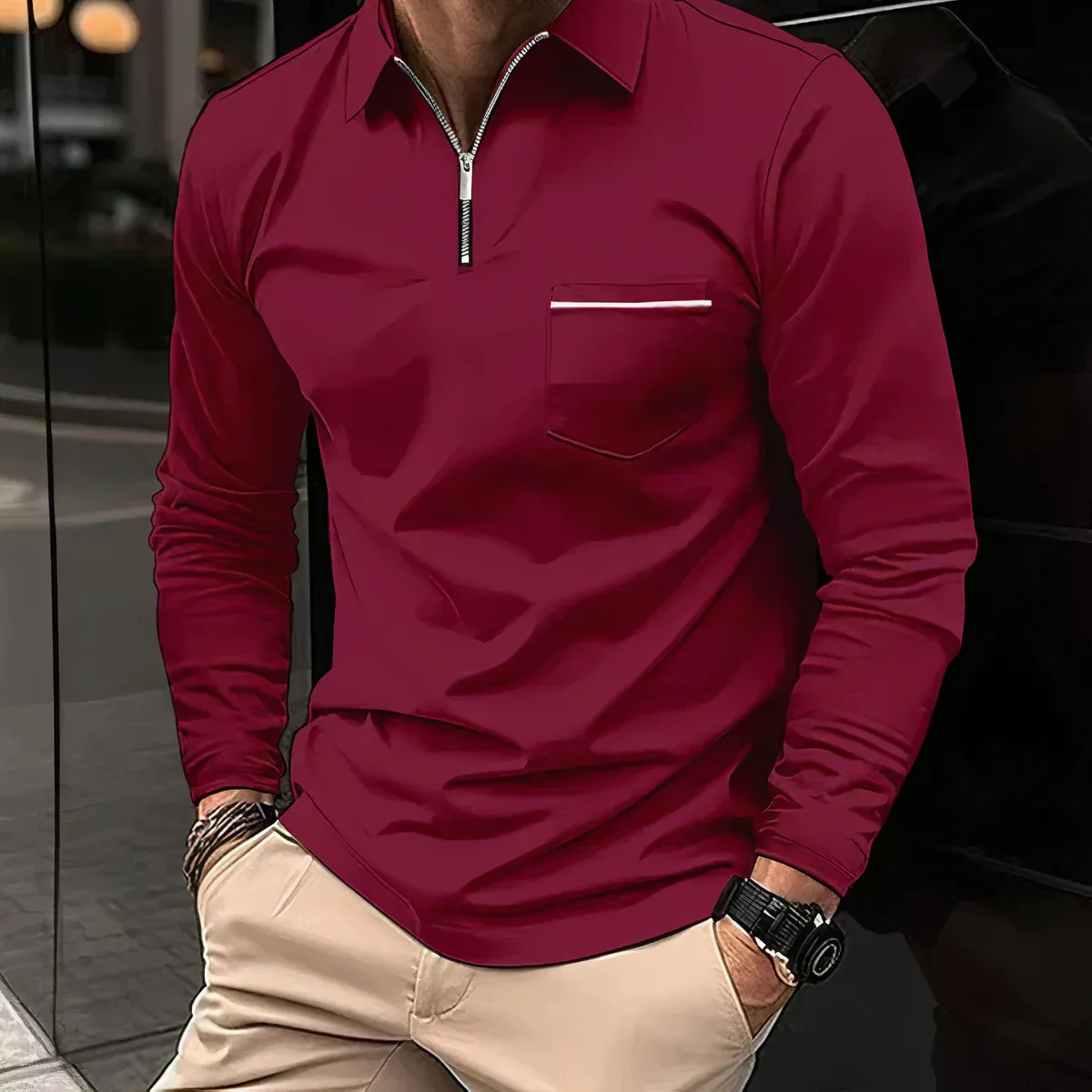 MenVest - Heren Polo Shirt met Lange Mouwen, Halve Rits en Borstzak