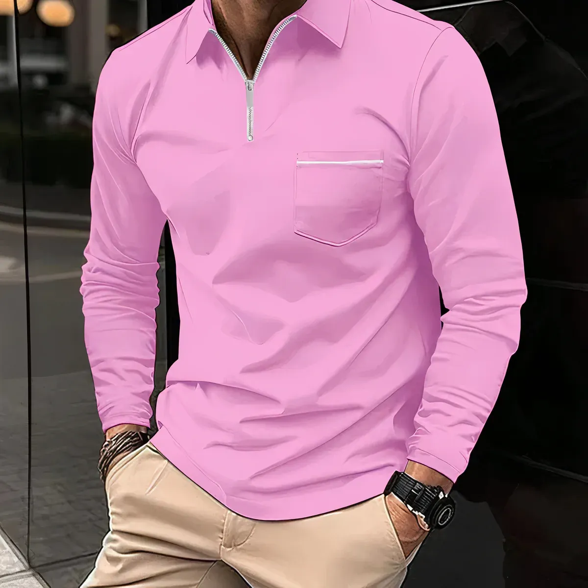 MenVest - Heren Polo Shirt met Lange Mouwen, Halve Rits en Borstzak