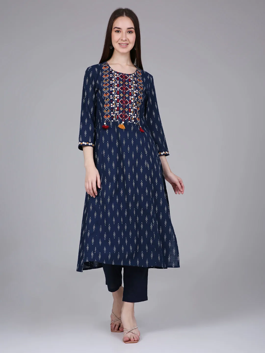 Navy Blue Ikat Print Cotton Kurta with Neck Embroidery