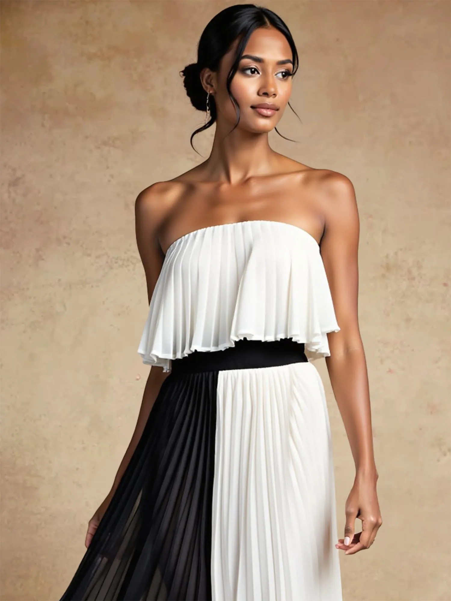 Pleated Color Block Midi Dress