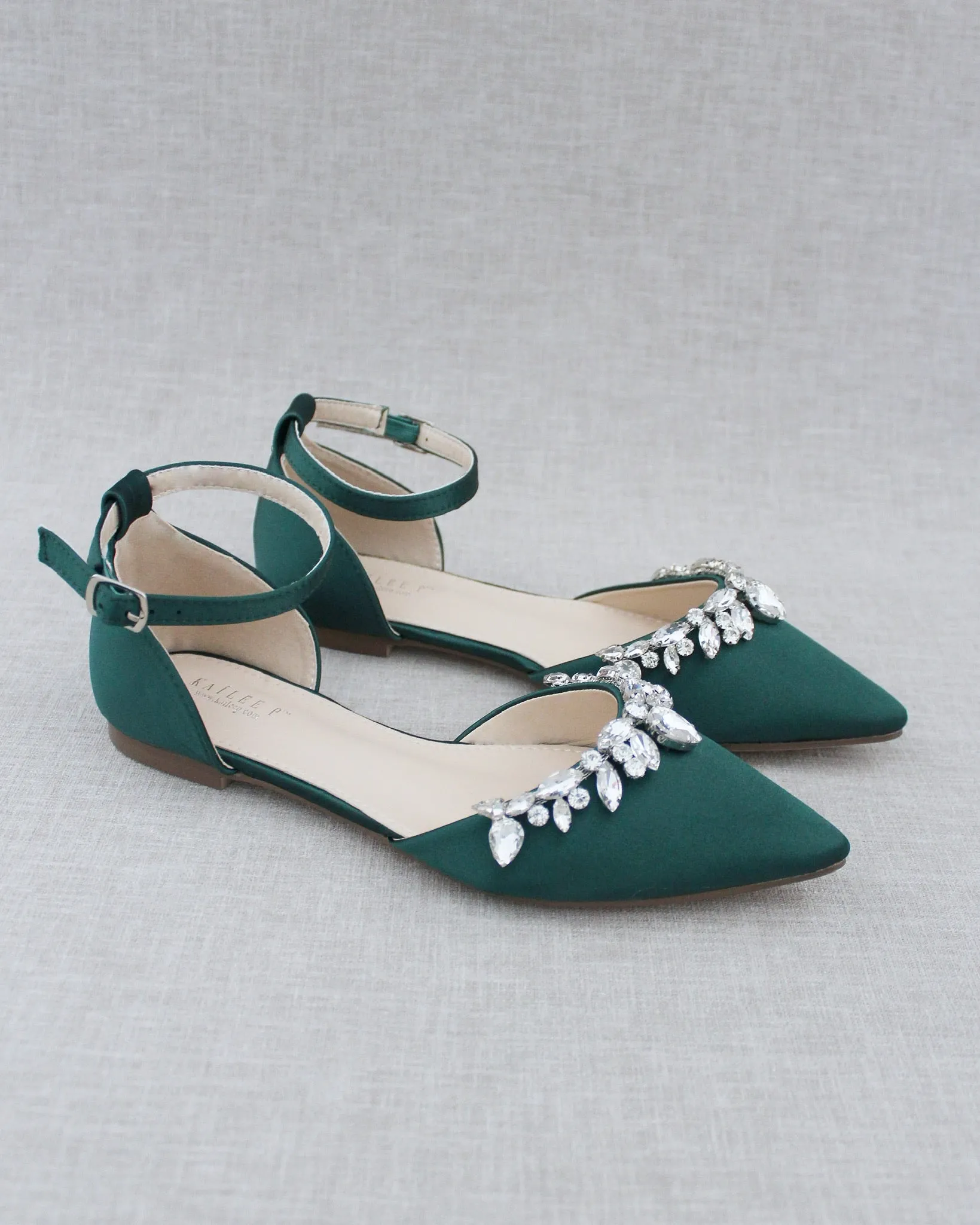 Satin Pointy Toe Flats with Teardrop Rhinestones Embellishments