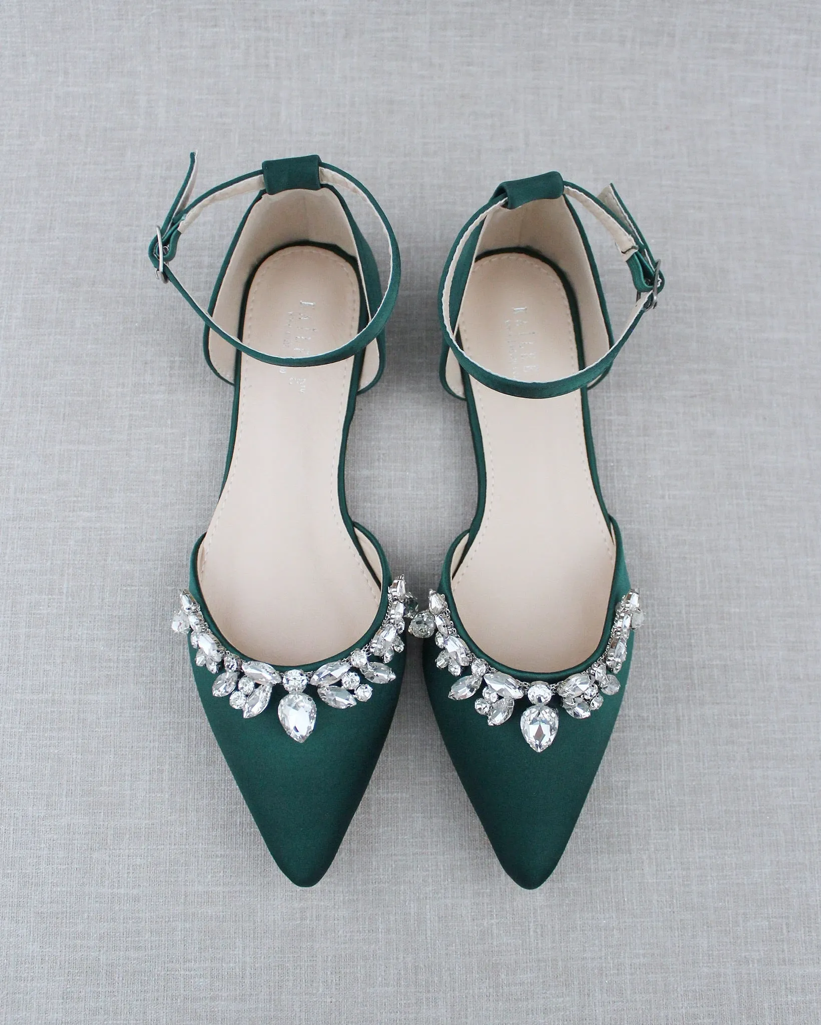 Satin Pointy Toe Flats with Teardrop Rhinestones Embellishments