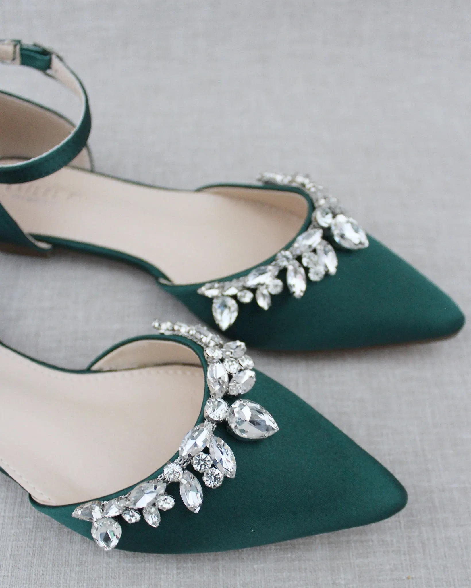 Satin Pointy Toe Flats with Teardrop Rhinestones Embellishments