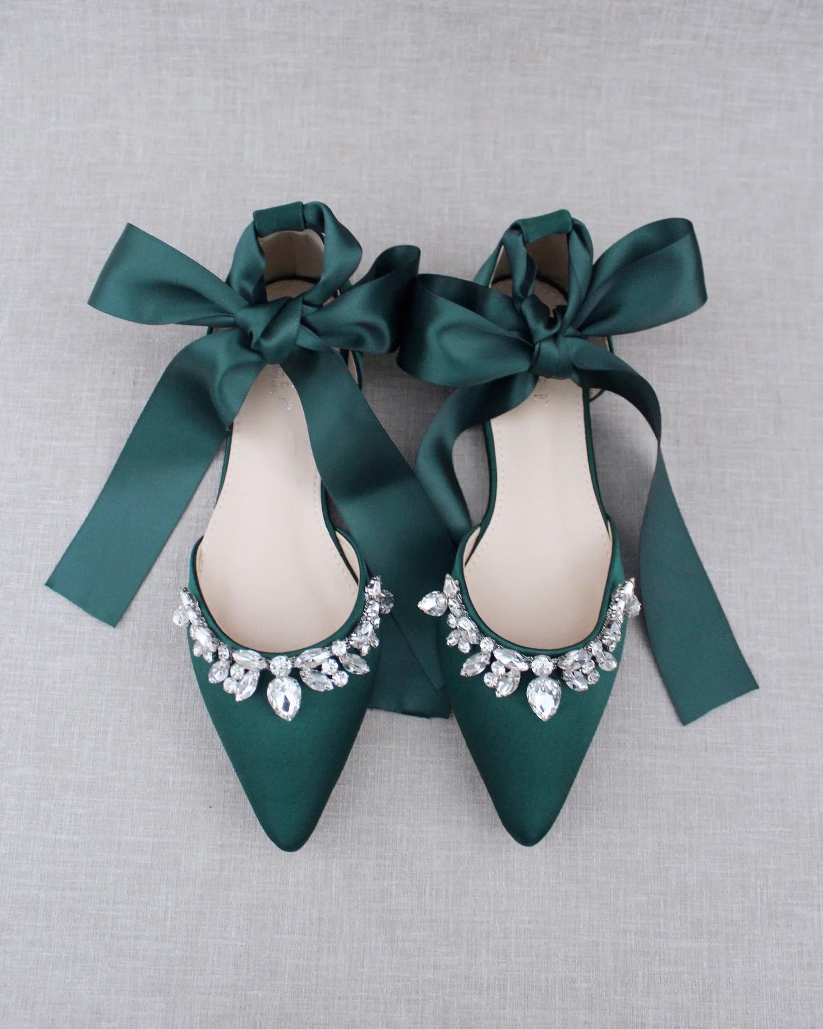Satin Pointy Toe Flats with Teardrop Rhinestones Embellishments