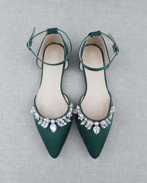 Satin Pointy Toe Flats with Teardrop Rhinestones Embellishments