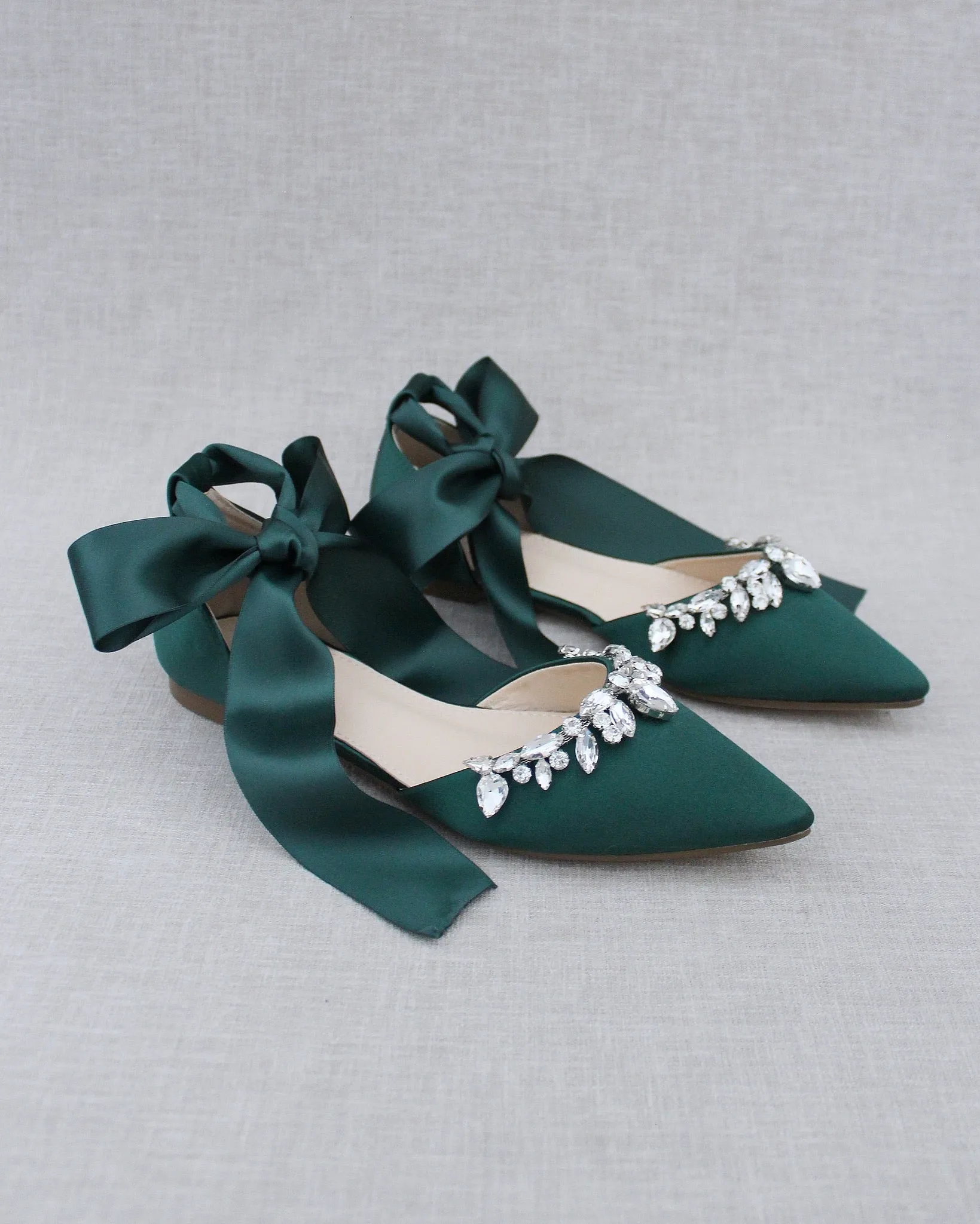 Satin Pointy Toe Flats with Teardrop Rhinestones Embellishments