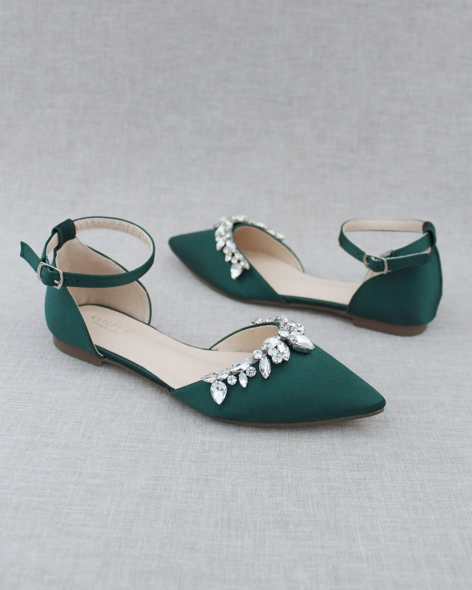 Satin Pointy Toe Flats with Teardrop Rhinestones Embellishments