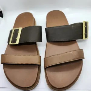 Sorel NWOT Brown and Tan Slide Sandals with Gold Buckle