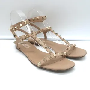 Valentino Rockstud Gladiator Sandals Poudre Leather Size 38 Ankle Strap Flats