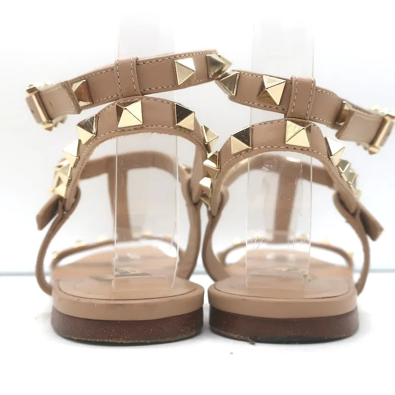 Valentino Rockstud Gladiator Sandals Poudre Leather Size 38 Ankle Strap Flats